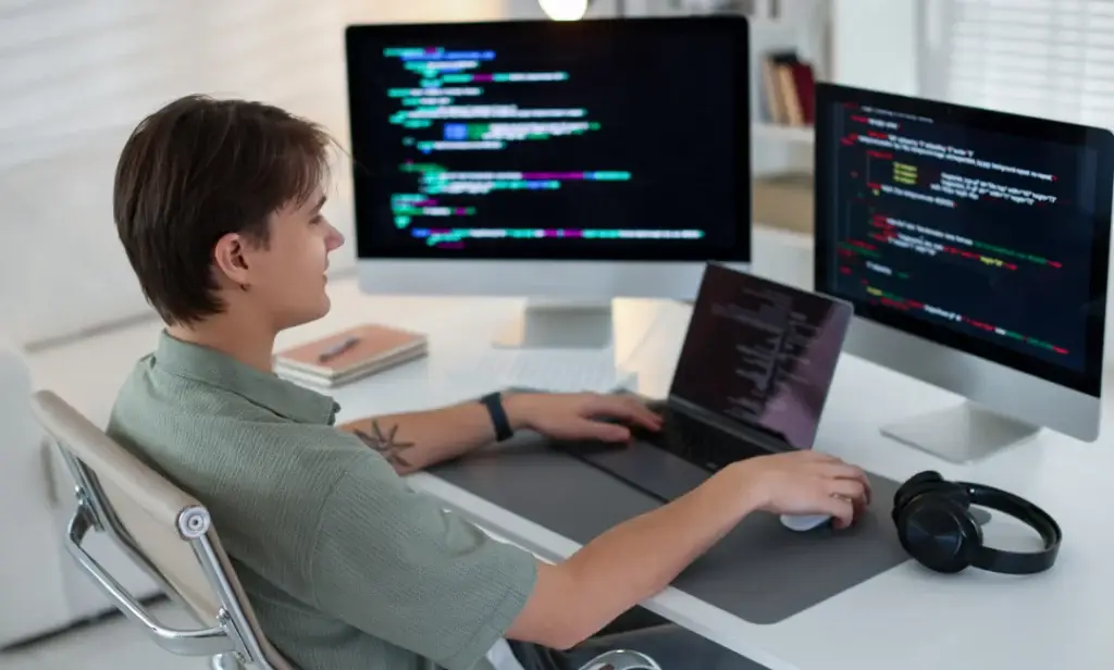 Web developer working independently, illustrating freelance vs agency vs dedicated team concept